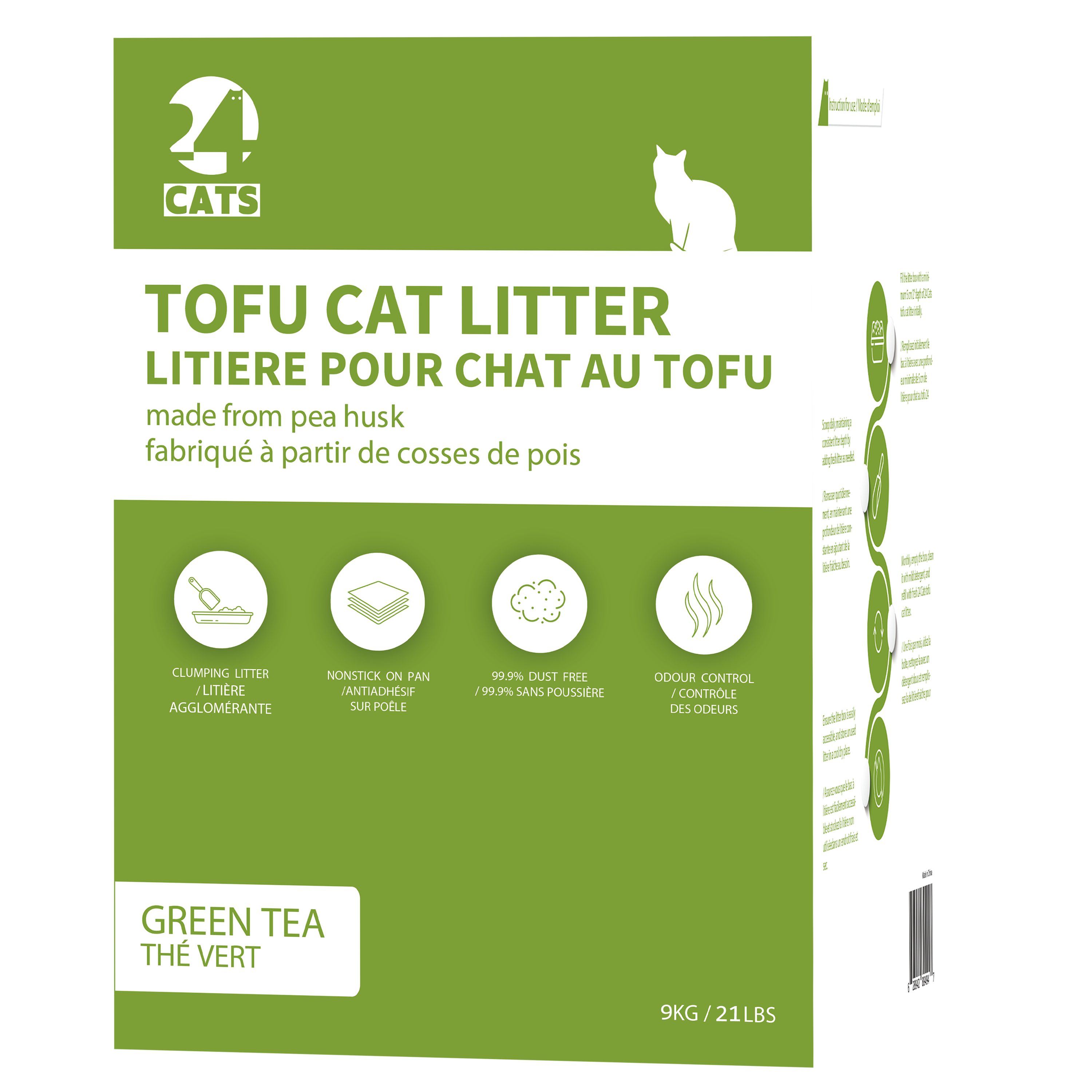 2mm Bigger Granules Less Dust - 24 CATS Pea Husks Natural Tofu Cat Litter 9KG/19.8lbs - Green Tea/Quick Clumping, Odor Control & Dust Free