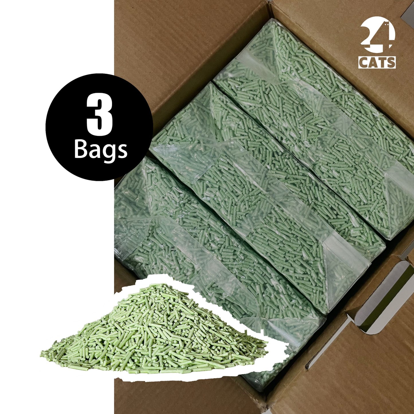 2mm Bigger Granules Less Dust - 24 CATS Pea Husks Natural Tofu Cat Litter 9KG/19.8lbs - Green Tea/Quick Clumping, Odor Control & Dust Free